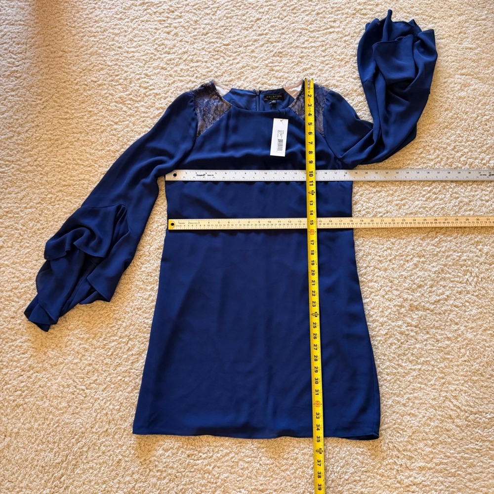 NWT Halston Heritage Lace Insert Dress Navy Blue Ruffle Sleeve Mini Dress Size 8 - Picture 11 of 15